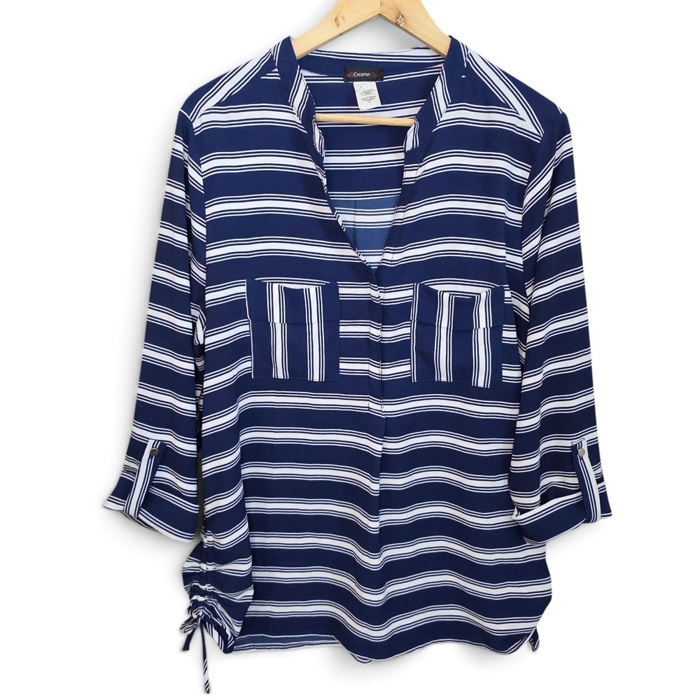 Cocomo Blouse Womens XL Blue White Striped Roll Tab Sleeve V Neck Cinch Hem Top